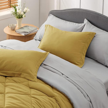 Bedsure Mustard Yellow Queen Comforter Set - 7 Pieces Reversible Queen Bed in a Bag, Queen Bed Set Mustard Yellow and Grey with Comforters, Sheets, Pillowcases & Shams