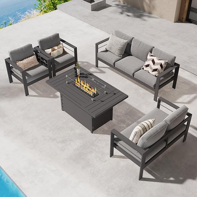 Wisteria Lane 5 Piece Aluminum Outdoor Patio Furniture Set with 54 Inch Propane Gas Fire Pit Table, Modern Patio Conversation Sets with Outdoor Sectional Couch for Backyard, Garden, Dark Grey