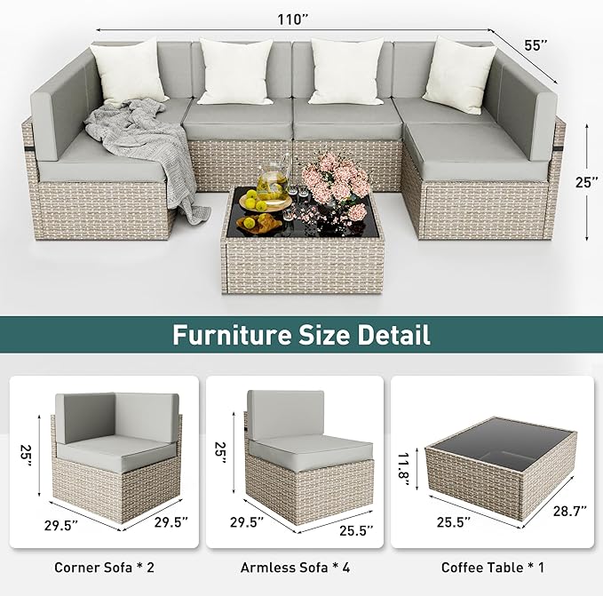 Pamapic Patio Furniture Set, 7 Pieces Modular Outdoor Sectional,Wicker Patio Sectional Sofa Conversation Set, Rattan Sofa with Coffee Table and Washable Cushions Covers, Grey Rattan(Grey Cushions)