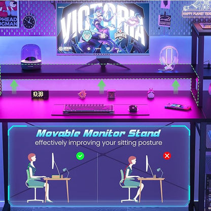 Gaming Desk with Lights & Power Outlets, 39.4' Computer Desk with Shelves, Small Desk for Small Space, Writing Desk with Monitor Stand, Black