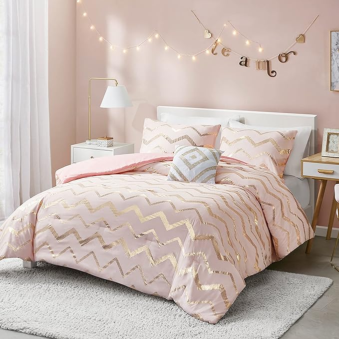 Codi Girl Bedding Sets, Queen/Full Size Comforter Set for Girls Teen/Kids, Pink/Rose Gold, 4 Piece (2 Matching Sham + 1 Decorative Pillow)