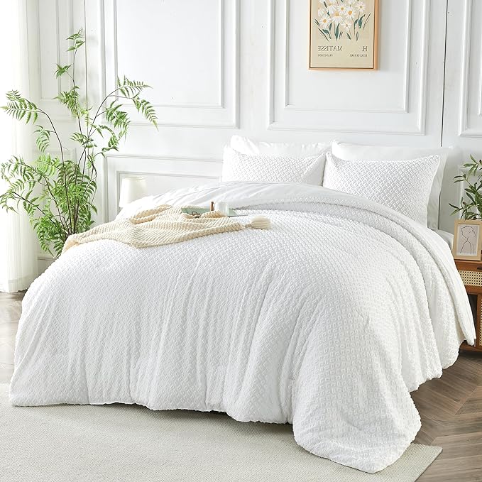 Twin Size Kids Comforter Set 6 Piece White Tufted Bedding Set for Boys Girls Jacquard Tufts Embroidery Bed in A Bag Quilt with 1 Comforter, 1 Flat Sheet, 1 Fitted Sheet, 1 Pillowcase and 2 Pillow Sham