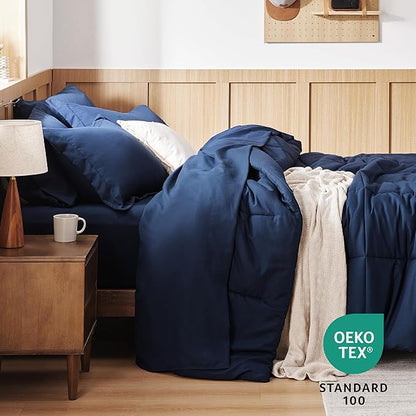 Bedsure Navy Bedding Sets Queen - 7 Pieces Solid Queen Bed in a Bag, Queen Bed Set Navy with Quilted Warm Fluffy Comforters, Sheets, Pillowcases & Shams