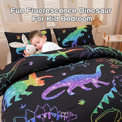 Meeting Story Dinosaur Comforter Set, Fluorescence Gradation Dinosaur Twin Comforter Set, 3 PCS 1 Comforter and 2 Pillowcases in One Bag, All Season Bedspread for Kids Teens Adults（Twin）