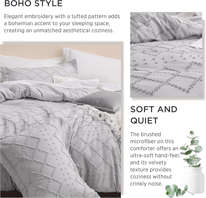 Bedsure Twin/Twin XL Comforter Set - Light Grey Boho Twin Extra Long Comforter Set for College, Shabby Chic Dorm Bedding Set, 2 Pieces Modern Farmhouse Bed Set, includes 1 Pillow Sham