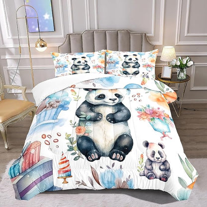 Panda Comforter Set Full Size - Panda Bedding for Boys Girls Cute Panda Set Cartoon Pandas Print Comfort Full Bedding Set for Kids Teens, 1 Comforter+2 Pillowcases