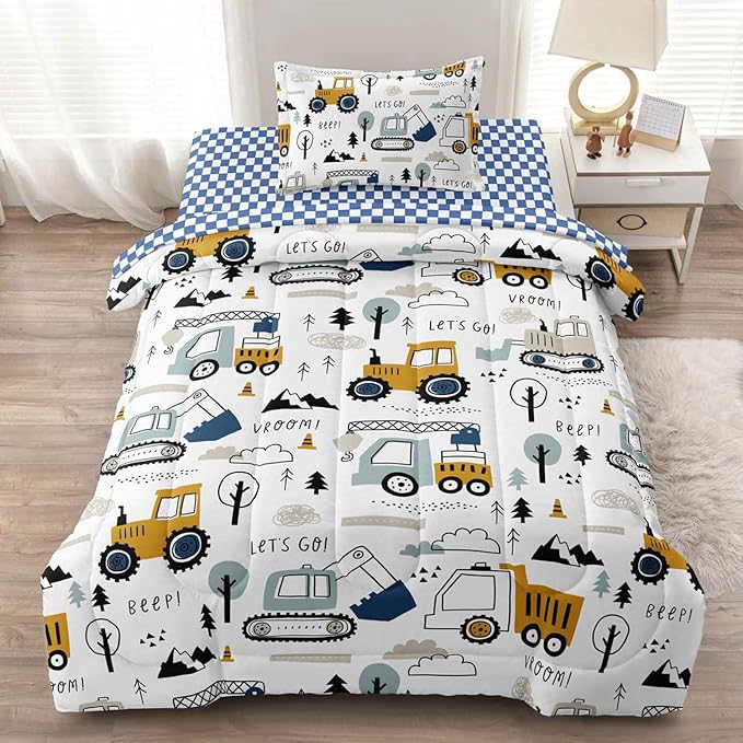 4-Pcs Construction Twin Size Boys Bedding Set, Kids Comforter Set for Teens w/Sheets and Pillowcase, Soft Cartoon Tractor Cars Bed in a Bag Sets