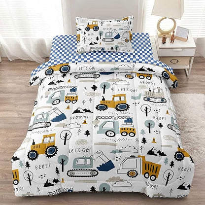 4-Pcs Construction Twin Size Boys Bedding Set, Kids Comforter Set for Teens w/Sheets and Pillowcase, Soft Cartoon Tractor Cars Bed in a Bag Sets