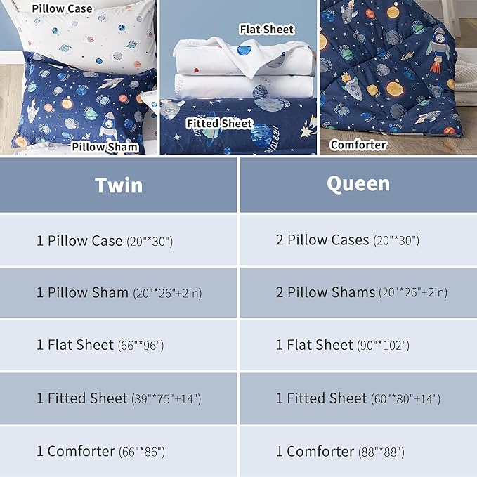 Kids Bedding Set for Boys, Queen Size 7 Pieces Space Themed Bed in a Bag, Super Soft Lightweight Microfiber Comforter Set with Sheets, Hotel Quality Durable Children Bed Set