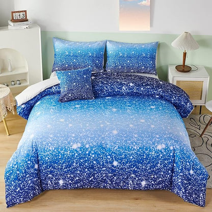 RYNGHIPY 6Pcs Gradient Aqua Blue Navy Ombre Comforter Sets with Sheets Pillowcases, Twin Size Sparkle Glitter Design Comforter Bedding Collections for Kids Boys and Girls