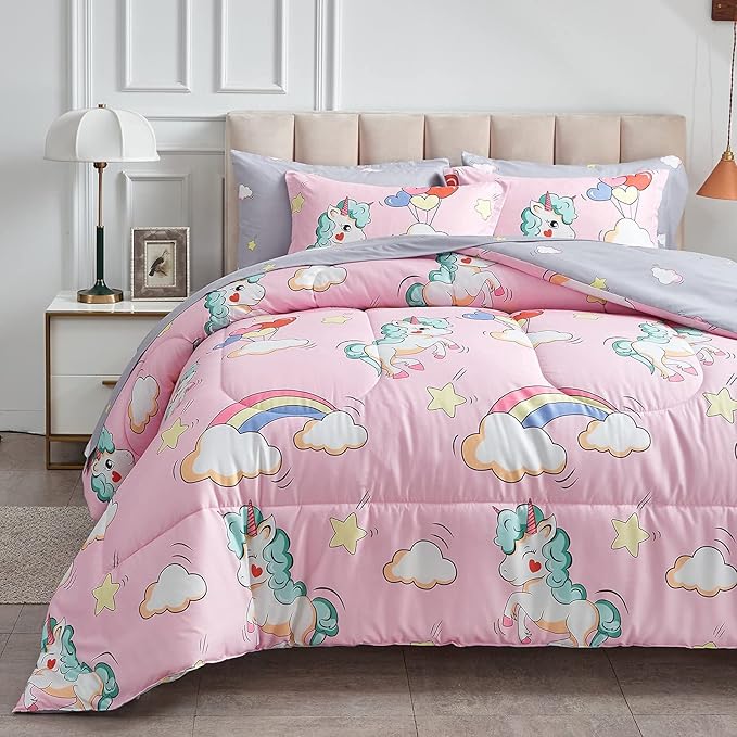 UOZZI BEDDING Kids Girls Bed in a Bag 6 Pieces Twin Size Unicorn Pink Colorful Comforter Set - (1 Soft Microfiber, Reversible Comforter, 2 Pillow Shams, 1 Flat Sheet, 1 Fitted Sheet, 1 Pillowcases)