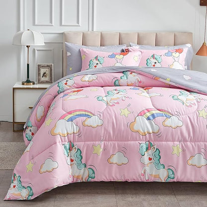 UOZZI BEDDING Kids Girls Bed in a Bag 6 Pieces Twin Size Unicorn Pink Colorful Comforter Set - (1 Soft Microfiber, Reversible Comforter, 2 Pillow Shams, 1 Flat Sheet, 1 Fitted Sheet, 1 Pillowcases)