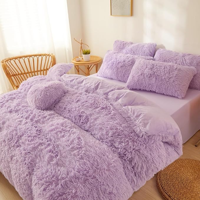 FOPPA Lilac fluffy Comforter Cover Set king- Ultra Soft fluffy lilac Bedding Sets 3 Pieces (1 Duvet Cover + 2 Pillow case) pink fluffy bed set (Lilac, King)