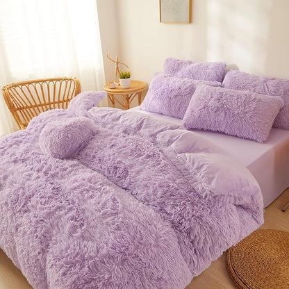 FOPPA Lilac fluffy Comforter Cover Set king- Ultra Soft fluffy lilac Bedding Sets 3 Pieces (1 Duvet Cover + 2 Pillow case) pink fluffy bed set (Lilac, King)