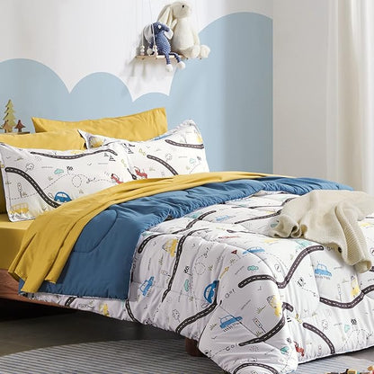 SLEEP ZONE Kids Bedding Full/Queen Comforter Set - Cute Printed for Boys, Girls, Teens, Super Soft, Fade Resistant, Car Road, Full/Queen