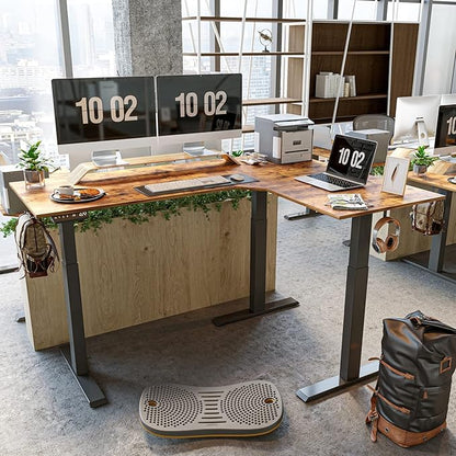 FEZIBO Triple Motor 63" L Shaped Standing Desk, Electric Standing Gaming Desk Adjustable Height, Corner Stand up Desk with Splice Board, Black Frame/Rustic Brown Top