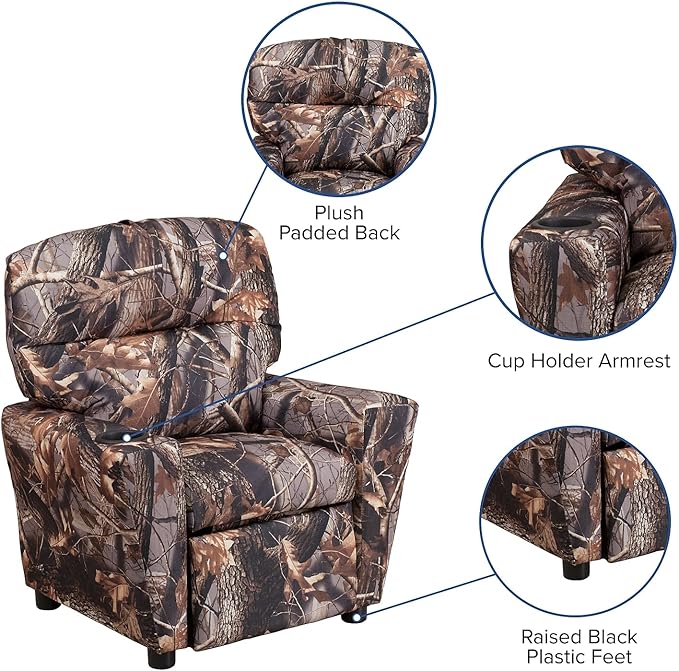 Flash Furniture Chandler Vinyl Kids Recliner with Cup Holder and Safety Recline, Contemporary Reclining Chair for Kids, Supports up to 90 lbs., Camouflage