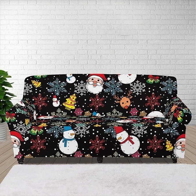 FKELYI Christmas Sofa Slipcover Santa Claus Furniture Protector Washable Easy Going Stretch Sofa Slipcover with Elastic Bottom L