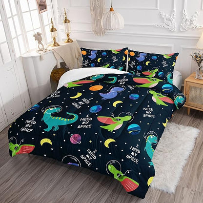 Datura home Dinosaur Space Dinos Comforter Bedding Set for Boys Kids Children,Celestial Bodies Colorful Dinosaur Print Bedding Set with 1 Comforter and 2 Pillowcases(Dinosaur Queen)