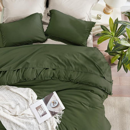Andency Olive Green Comforter Set King, 3 Pieces Boho Tassel Lightweight Bedding Comforter Sets for King Bed, All Season Soft Fluffy Fringe Bed Set (104x90In Comforter & 2 Pillowcases)