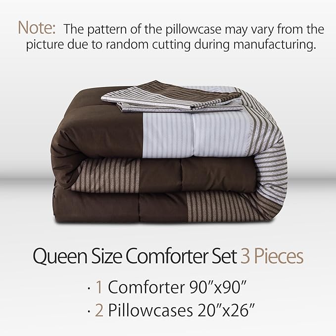 Andency Stripe Comforter Set Queen Size (90x90 Inch), 3 Pieces Brown Patchwork Striped Comforter, Soft Microfiber Down Alternative Comforter Bedding Set with Corner Loops