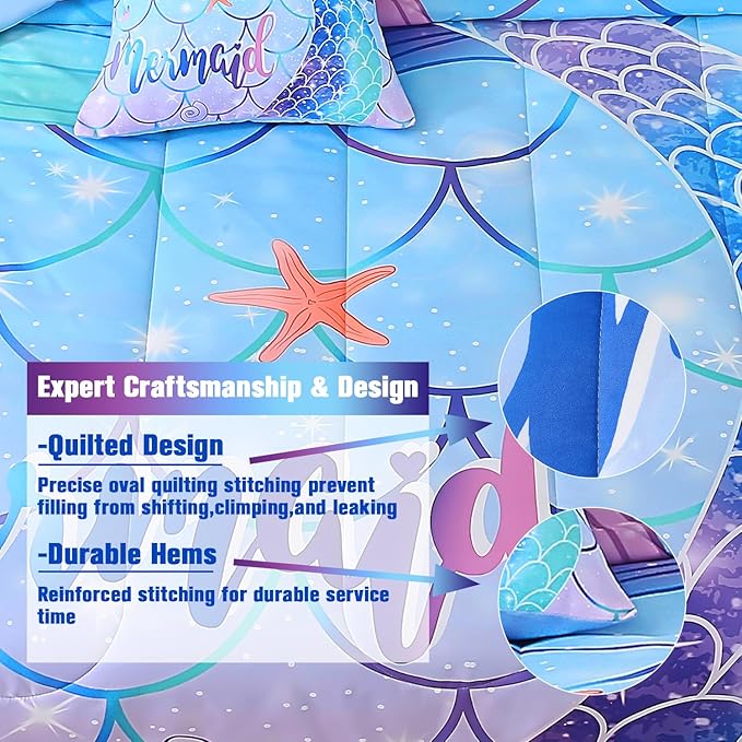 JQinHome Mermaid Comforter Set Full Size, 6 Piece Mermaid Tail Bed in A Bag,3D Colorful Mermaid Bedding Set for Girls Kids, Sparkle Teal Bedroom Decor Bedding Set with Sheets (Blue)