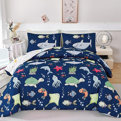 RYNGHIPY Kids Bedding Set for Twin Bed Reversible Ocean Animals Print Comforter Set for Boys Girls Easy-Wash Super Soft Microfiber Bed Set (Navy Ocean,Twin)