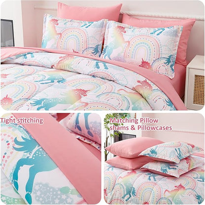 Twin Comforter Set for Girls, 6 Pieces Bed in a Bag, Colorful Unicorn Bedding Comforter Sheet Set, Ultra Soft and Fluffly, Pink & Rainbow Color, Colorful Bed in a Bag for Girls