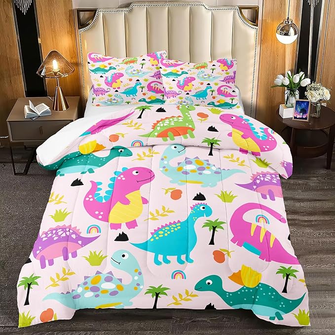 Dinosaur Bedding Full Size, Cute Girls Bedding Dinosaur Comforter Set for Girls Soft Breathable Cartoon Dino Quilt Kids Bedding Set for All Season, 1 Comforter 2 Pillowcase