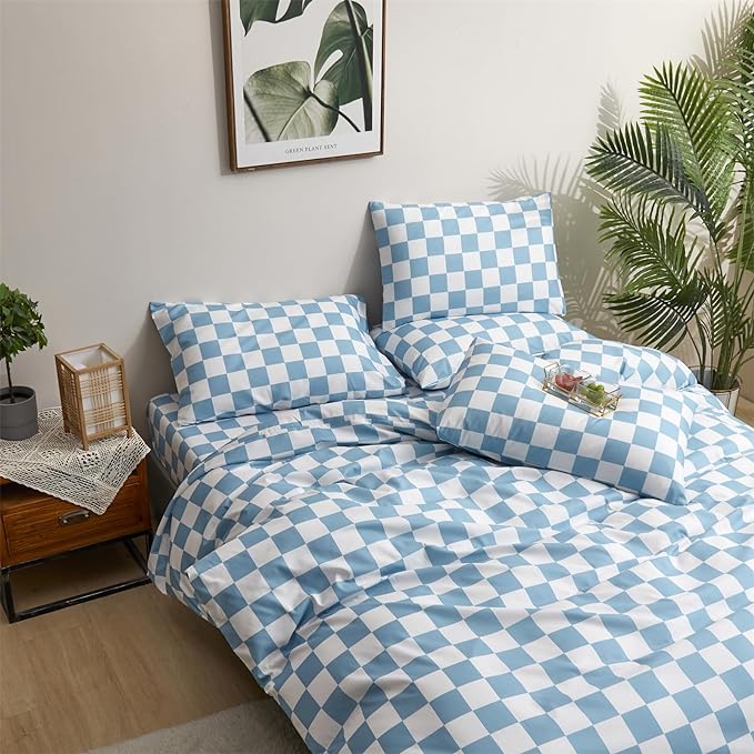 Wellboo Blue White Plaid Comforter Sets Full Women Men Light Blue and White Checkerboard Grid Bedding Comforters Cotton Boys Girls Modern Dusty Blue Checkered Geometric Quilts Luxury Sky Blue Bed