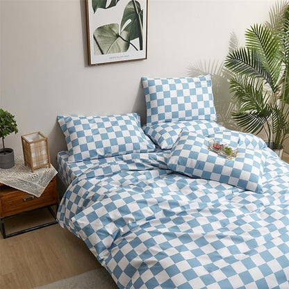Wellboo Blue White Plaid Comforter Sets Twin Women Men Light Blue and White Checkerboard Grid Bedding Comforters Cotton Boys Girls Modern Dusty Blue Checkered Geometric Quilts Luxury Sky Blue Bed