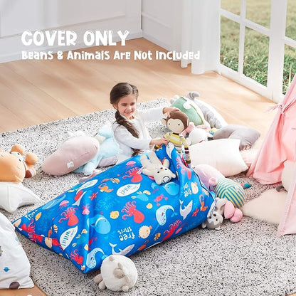 Nobildonna Stuffed Animal Storage Bean Bag Chair Cover Only for Kids and Adults, Extra Large Beanbag without Filling Plush Toys Holder and Organizer- Premium Canvas 250L (Sea Animals)