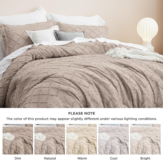 Bedsure Full Size Comforter Set - Taupe Comforter, Boho Tufted Shabby Chic Bedding Comforter Set, 3 Pieces Vintage Farmhouse Bed Set for All Seasons, Fluffy Soft Bedding Set with 2 Pillow Shams