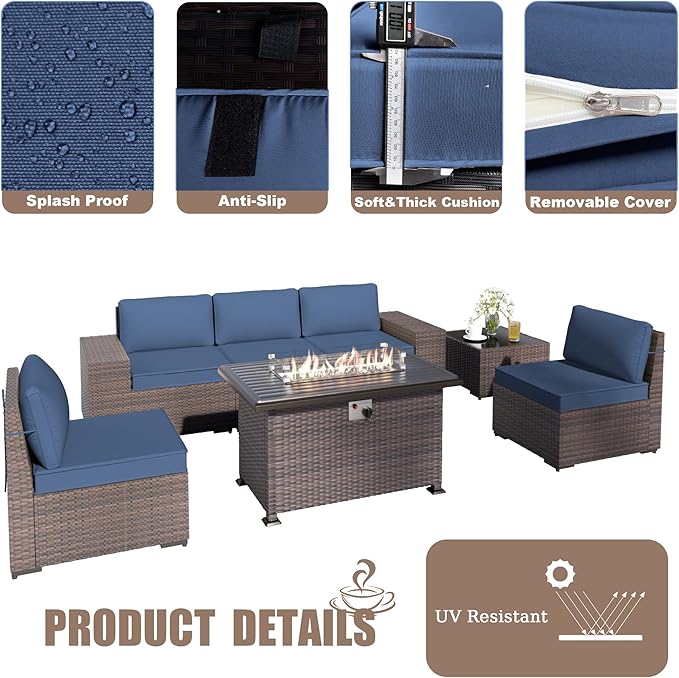 Patio Furniture Sectional Sofa Set 7-Pieces PE Rattan Patio Conversation Set w/43in Gas Fire Pit Table, Outdoor Furniture with 55000 BTU Propane Fire Pit, Navy Blue