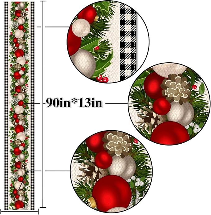 Nepnuser Black and White Gingham Christmas Table Runner 90 Inches Long Buffalo Check Plaid Xmas Decoration Holiday Home Kitchen Decor