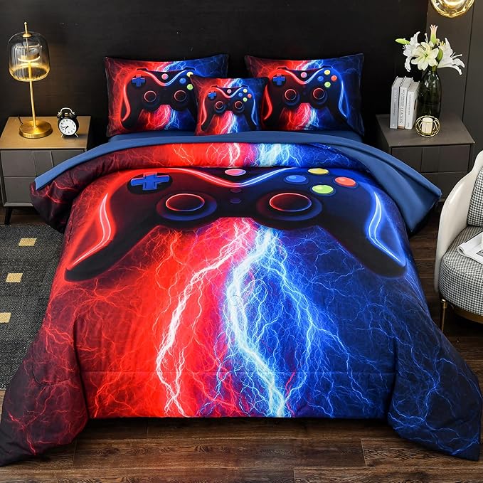 DORCAS Gamer Comforter Sets with Sheets for Boys,Full Size Gamer Bedding Sets Boys,6 Pieces Lightning Gaming Bedding Set for Boys Kids Teens(Red&Blue, Full)