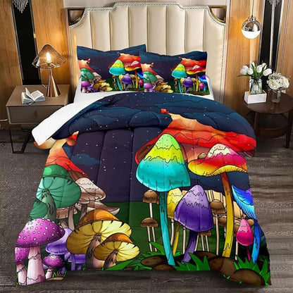 Mushroom Comforter Set Queen Size, Cute Mushroom Patterns Bedding Set for Boys Bedroom, Girls Ultra Soft Comforter Set Queen Size, Colorful Mushroom Comforter for All Season 3Pcs with Pillowcases