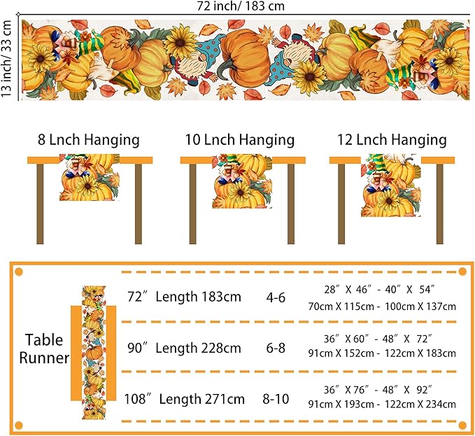 Fall Table Runner 72 Inches Long Autumn Table Runner Pumpkins Maple Leaves Gnome Fall Theme Decor for Kitchen Dining Table Home Party Decorations