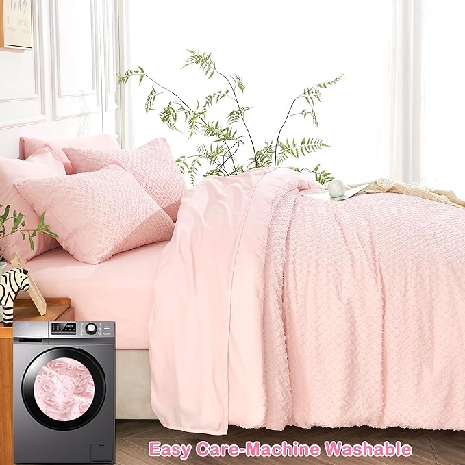 Queen Size Tufted Kids Comforter Set 7 Piece Pink Jacquard Tufts Embroidery Bedding Set for Boys Girls Bed in A Bag Quilt with 1 Comforter, 1 Flat Sheet, 1 Fitted Sheet, 2 Pillowcase and 2 Pillow Sham
