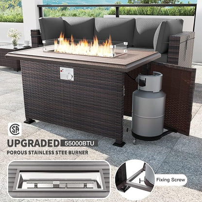 Kullavik 13 Pieces Outdoor Patio Furniture Set with 43" 55000BTU Gas Propane Fire Pit Table PE Wicker Rattan Sectional Sofa Patio Conversation Sets,Grey