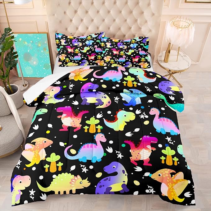 Dinosaur Comforter Set Full Size Cartoon Dinosaur Bedding Set Soft Microfiber Full Dinosaur Quilt Set 3 Piece Cute Dinosaurs Print Comforter Sets for Boys/Girls/Kids/Teens Room Decor