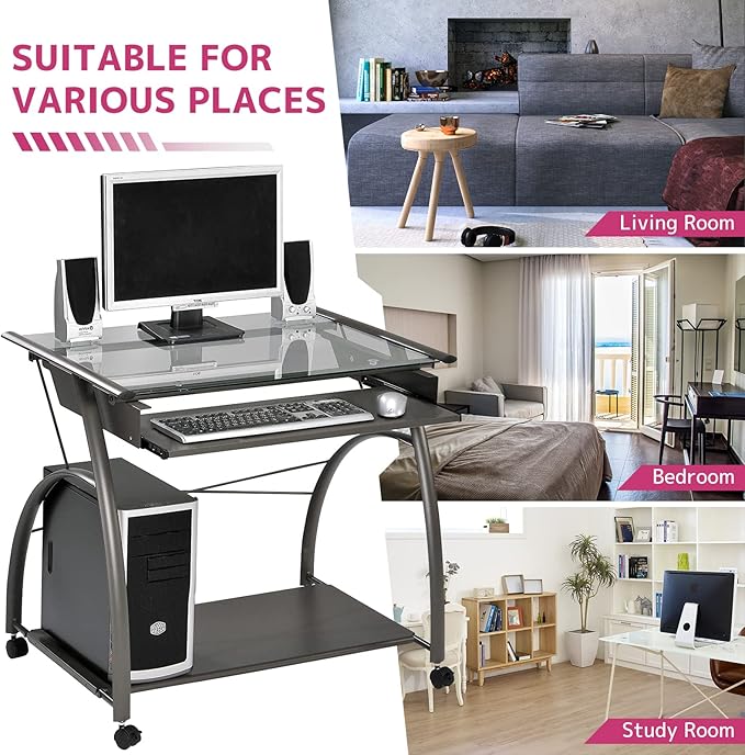 Acme Vincent Glass Top Computer Cart with Pull-out Keyboard in Pewter