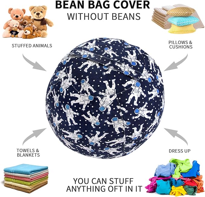 2 PCS Stuffed Animal Storage Bean Bag Chair Cover, Cotton Canvas Beanbag with Zipper for Organizing Kid's and Adults Room Blue Astronaut 24"