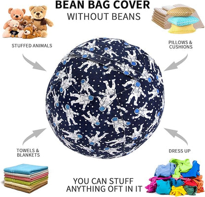 2 PCS Stuffed Animal Storage Bean Bag Chair Cover, Cotton Canvas Beanbag with Zipper for Organizing Kid's and Adults Room Blue Astronaut 24"