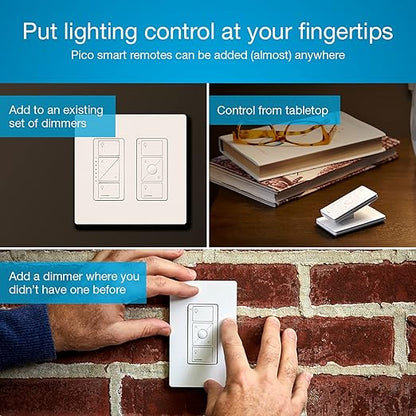 Lutron Caseta 3 Way Smart Dimmer Switch Kit, w/ Wireless 3 way Pico Remote and Bracket, Light Switch for LED Lights, No Neutral Required, P-PKG1WB-WH