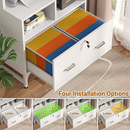 Homieasy File Cabinet with Charging Station, Vertical Filing Cabinet with Lock & Large Drawer, Printer Stand with Storage Shelves, Office Storage Cabinet fits Letter/A4/Legal Size, White