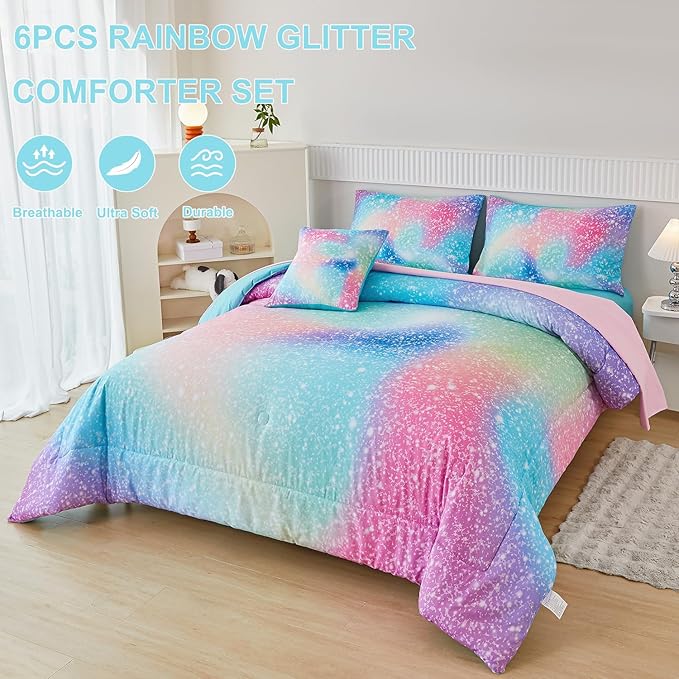 PERFEMET Rainbow Queen Girls Bedding Set, 6 Pieces Glitter Pink Green Comforter for Queen Size Bed, Colorful Tie Dye Ombre Teen Girls Bed in A Bag Comforter Set with Sheets