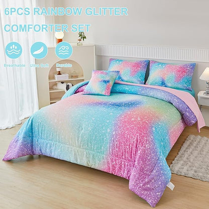 PERFEMET Full Size Comforter Sets for Kids Girls 6 Pieces Pink Green Ombre Rainbow Bedding Set Colorful Tie Dye Glitter Teen Girls Bed in A Bag