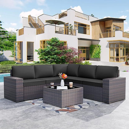 Patio Furniture Set Sofa 6-Pieces Wicker Sectional Sofa Set, Outdoor Furniture Rattan Patio Conversation Set with Thickened Cushion and Glass Coffee Table, Black