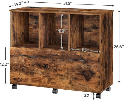 HOOBRO File Cabinet, Mobile Lateral Filing Cabinet with Charging Station, Wooden Printer Stand with Open Storage Shelf, for Home Office, Small Spaces, A4/Letter Size, Rustic Brown FG22UWJ01